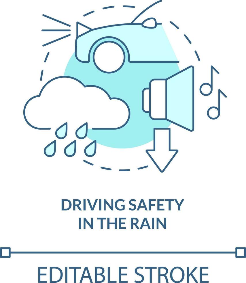Driving safety in rain turquoise concept icon. Situational driving safety abstract idea thin line illustration. Isolated outline drawing. Editable stroke vector