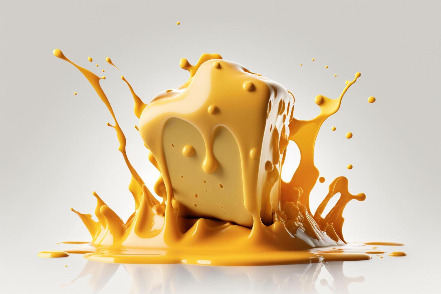 A delicious melting cheese splash in a realistic style. Hot cheese or cheddar splash. Tasty cheese liquid splash. Cheese sauce crown splash. For italian food, world cheese day, dessert by photo