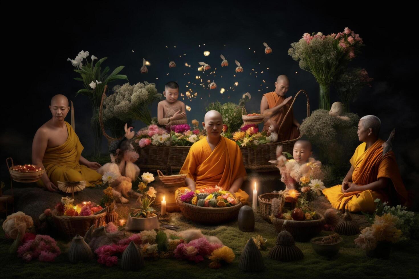 A buddha sits in a garden with a lotus and candles. Background for vesak festival celebration. Vesak day concept. Vesak celebration day greetings by photo