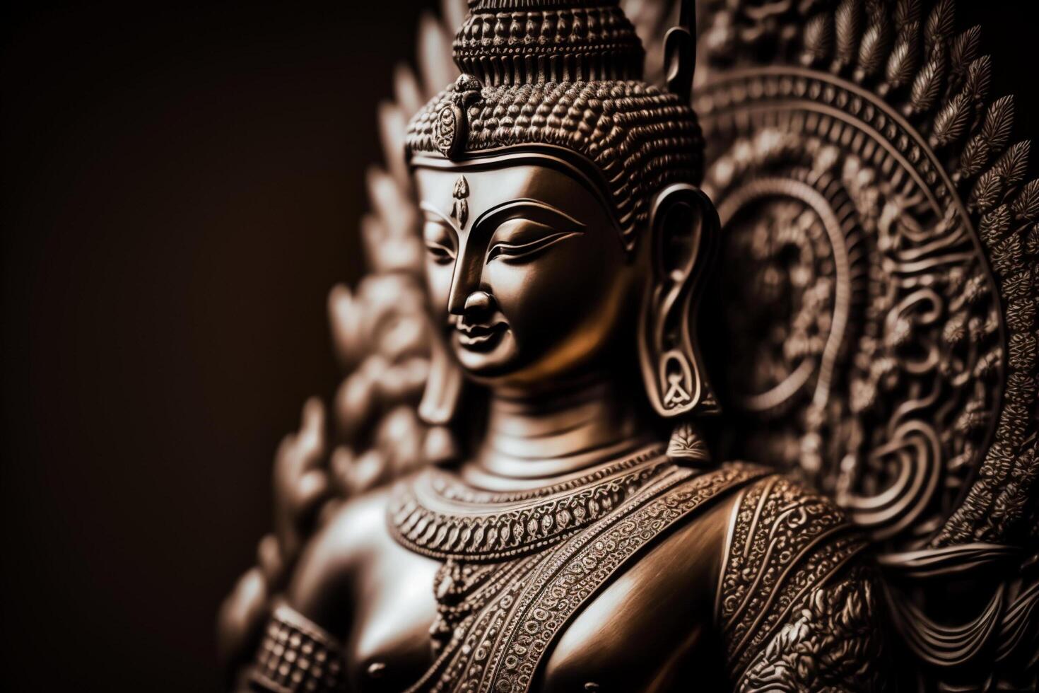 un tailandés Buda estatua se sienta y meditando a budista templo. antiguo Tailandia Buda rostro. antecedentes para vesak festival celebracion. vesak día concepto. vesak celebracion día saludos por ai generado foto