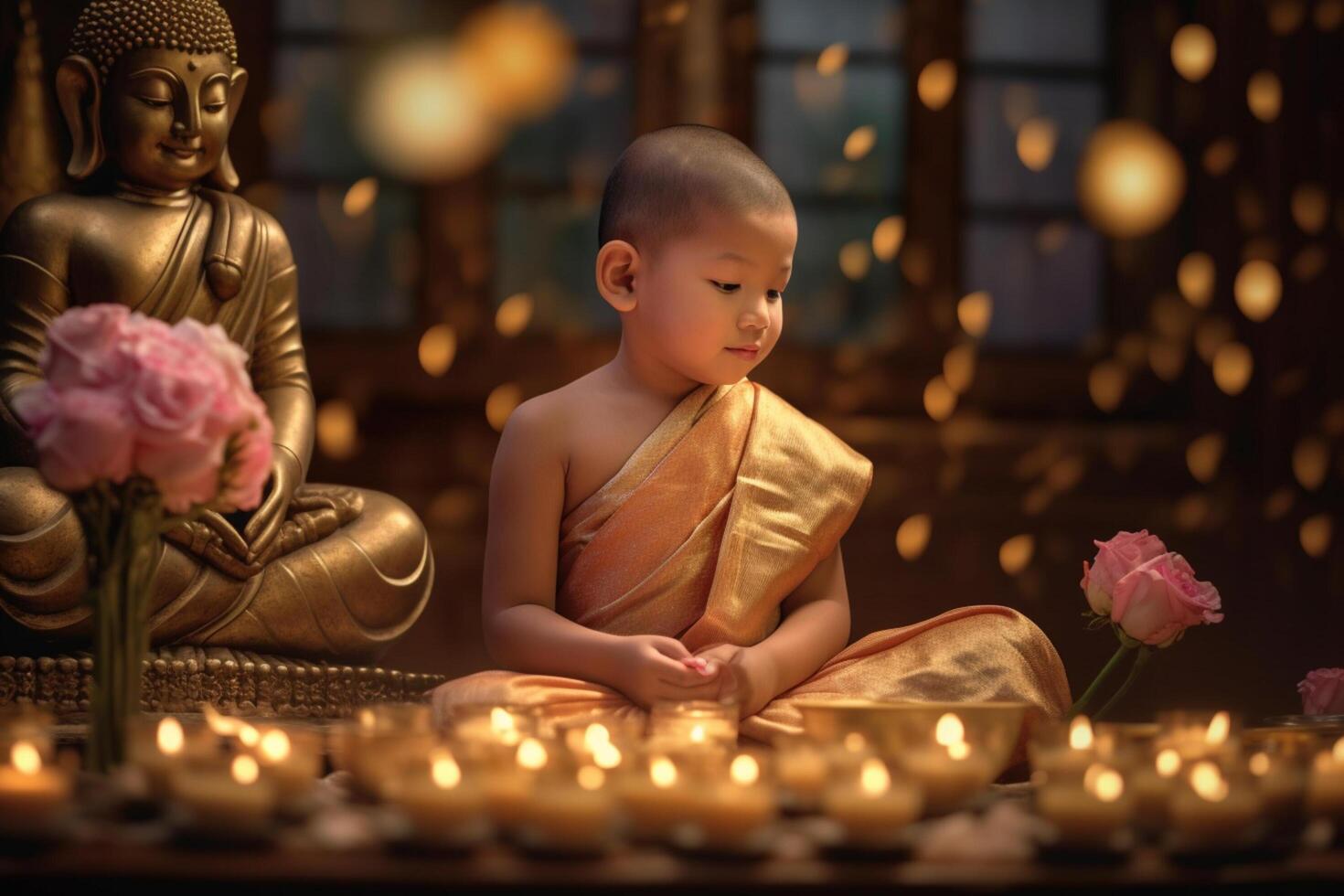 A young buddha sits in a garden with a lotus and candles. Background for vesak festival celebration. Vesak day concept. Vesak celebration day greetings by photo