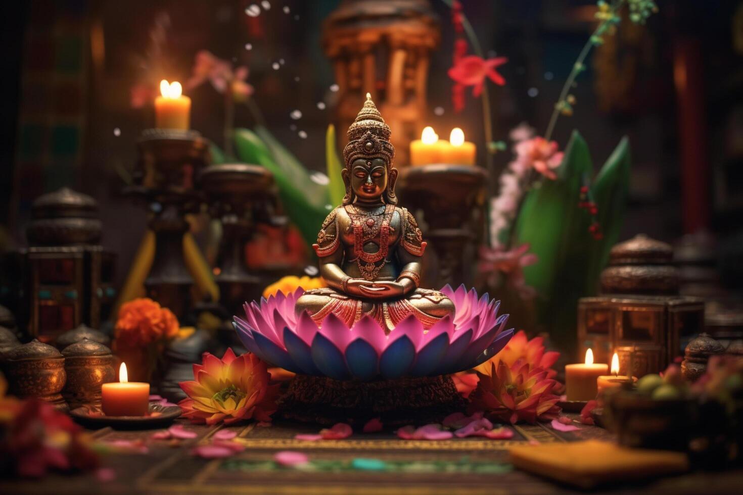 A buddha sits in a garden with a lotus and candles. Background for vesak festival celebration. Vesak day concept. Vesak celebration day greetings by photo