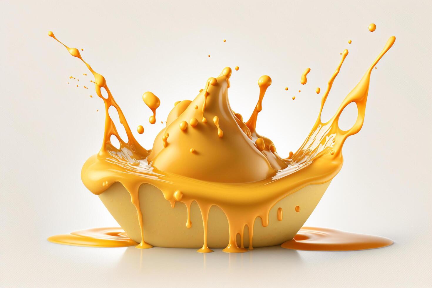 A delicious melting cheese splash in a realistic style. Hot cheese or cheddar splash. Tasty cheese liquid splash. Cheese sauce crown splash. For italian food, world cheese day, dessert by photo