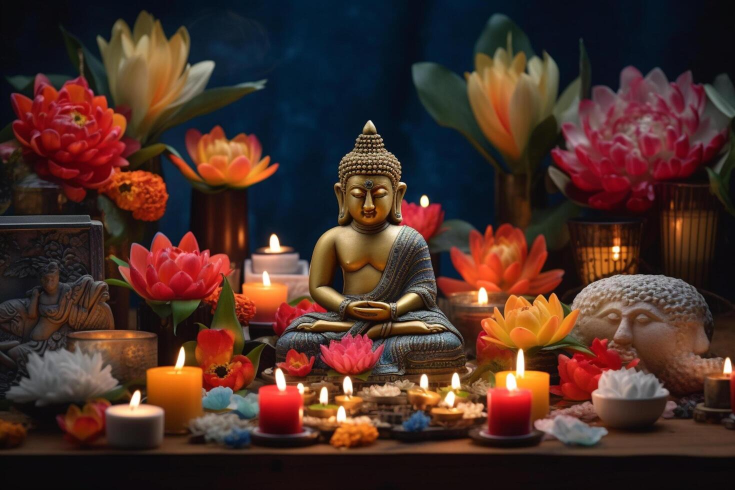 A buddha sits in a garden with a lotus and candles. Background for vesak festival celebration. Vesak day concept. Vesak celebration day greetings by photo