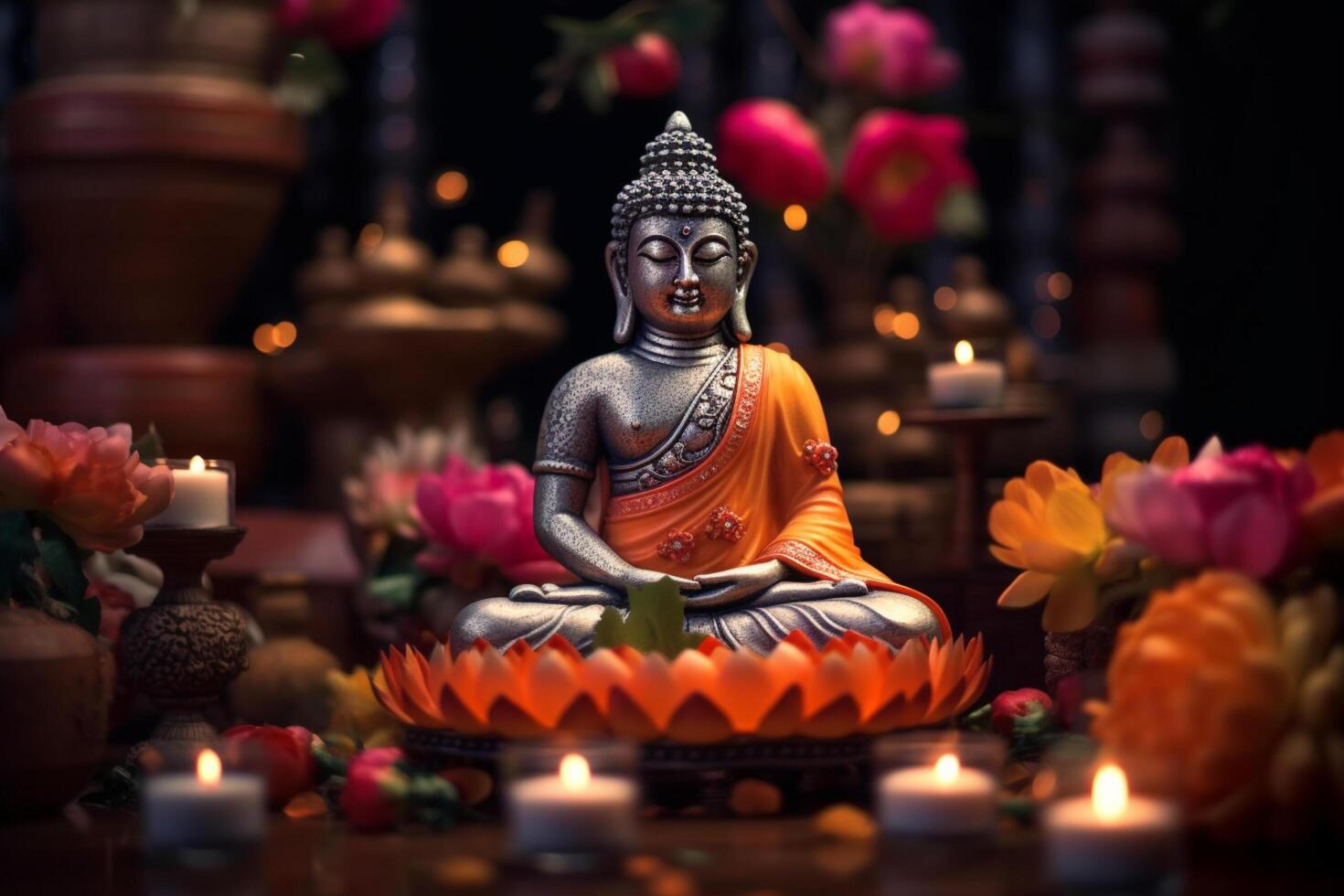 A buddha sits in a garden with a lotus and candles. Background for vesak festival celebration. Vesak day concept. Vesak celebration day greetings by photo