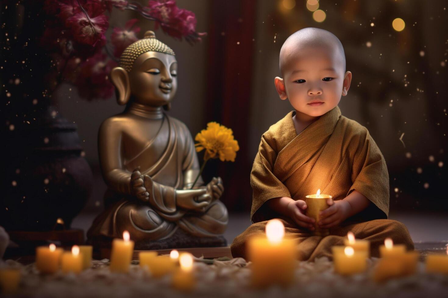 A young buddha sits in a garden with a lotus and candles. Background for vesak festival celebration. Vesak day concept. Vesak celebration day greetings by photo