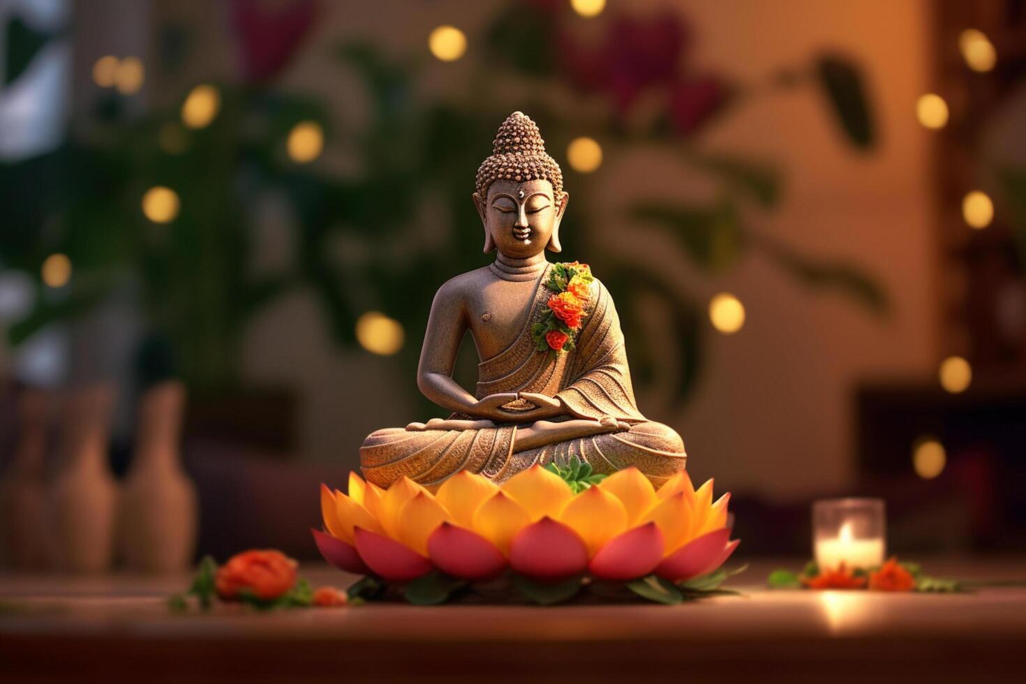 A buddha sits in a garden with a lotus and candles. Background for vesak festival celebration. Vesak day concept. Vesak celebration day greetings by photo