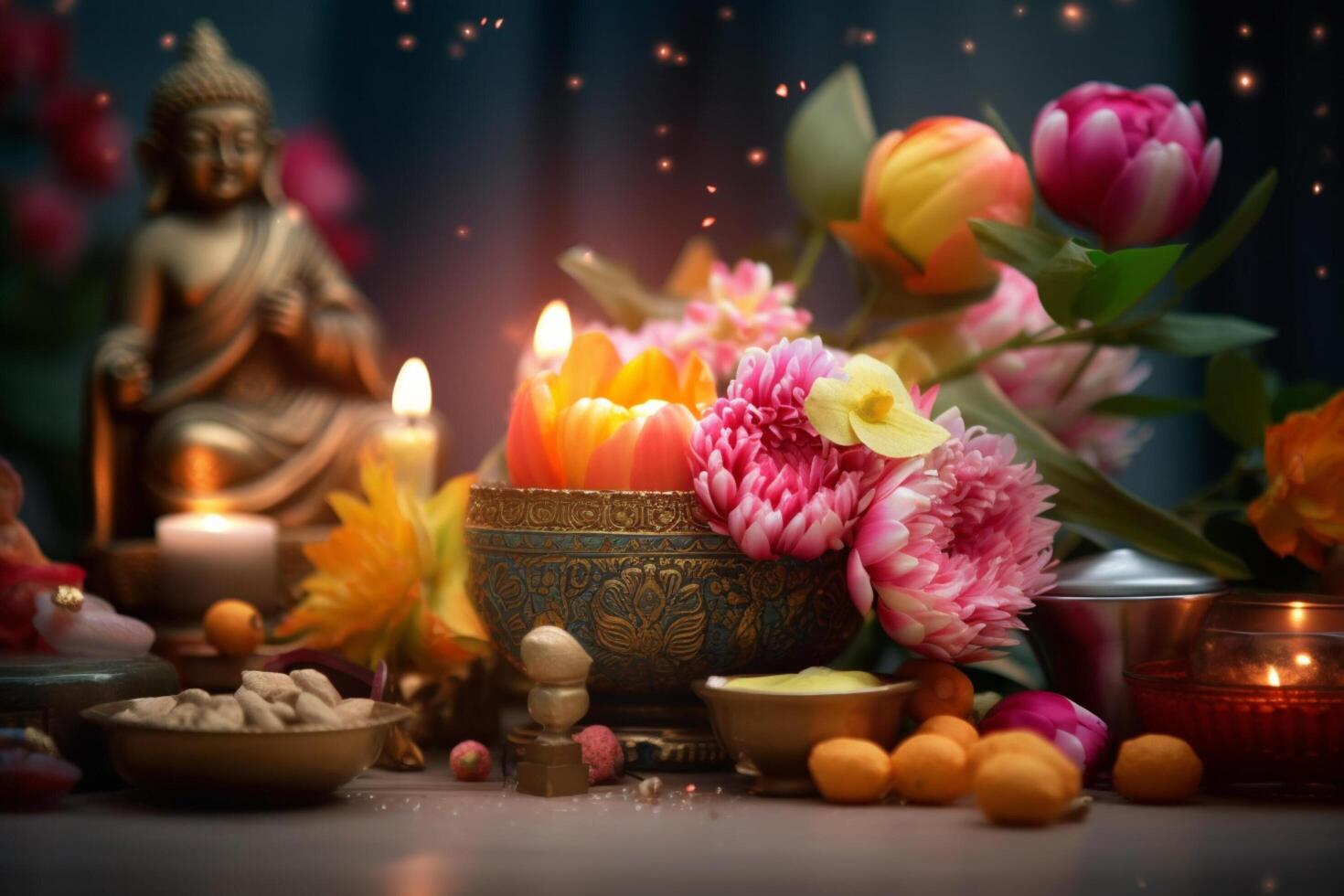 un Buda se sienta en un jardín con un loto y velas antecedentes para vesak festival celebracion. vesak día concepto. vesak celebracion día saludos por ai generado foto