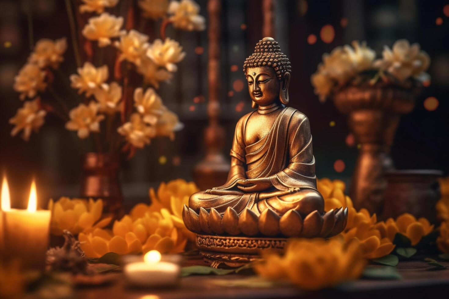 A buddha sits in a garden with a lotus and candles. Background for vesak festival celebration. Vesak day concept. Vesak celebration day greetings by photo