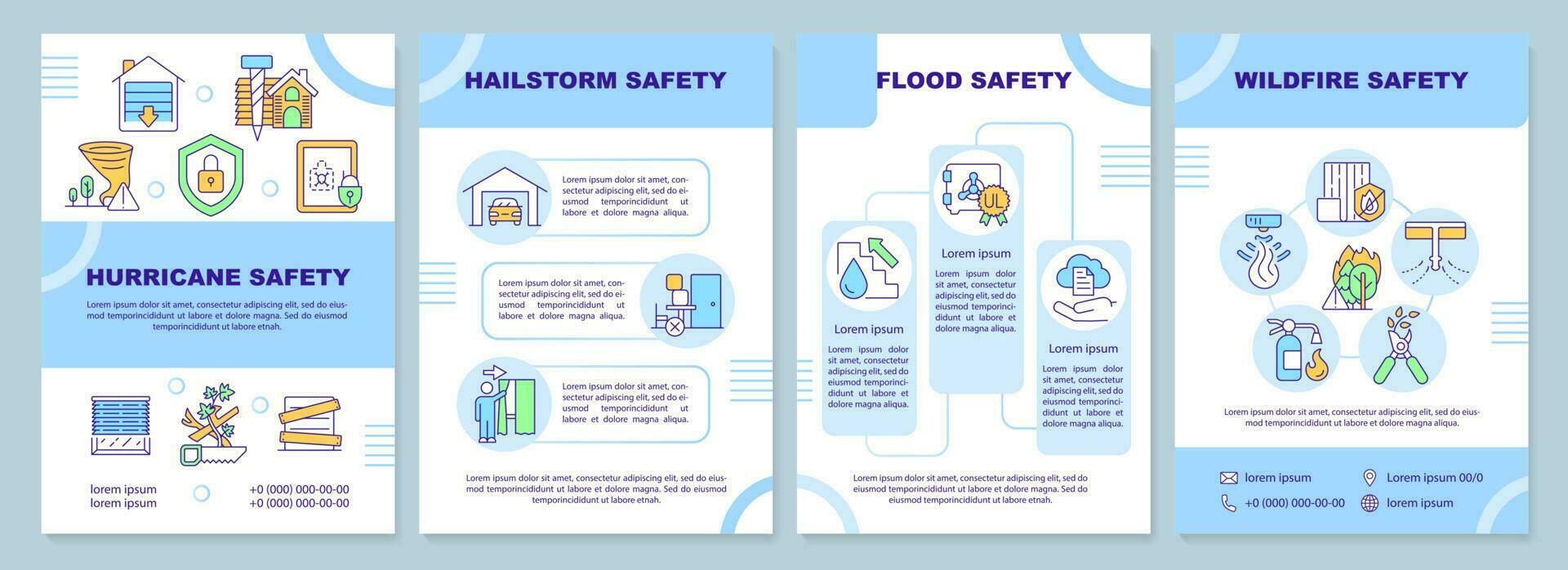 natural desastres la seguridad medidas azul folleto modelo. folleto diseño con lineal iconos editable 4 4 vector diseños para presentación, anual informes