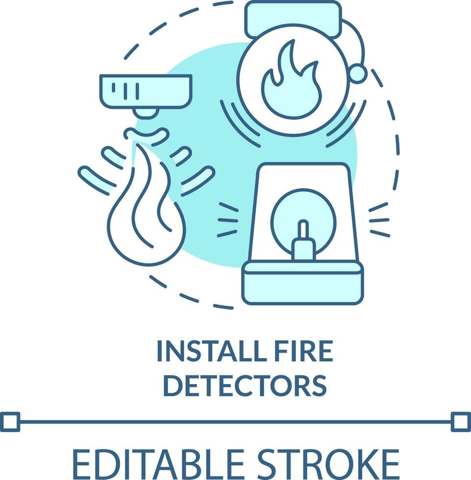 Install fire detectors turquoise concept icon. Wild fire safety abstract idea thin line illustration. Smoke alarms. Isolated outline drawing. Editable stroke vector