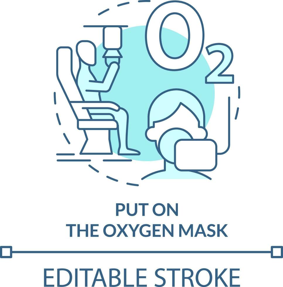 Put on oxygen mask turquoise concept icon. Surviving accident abstract idea thin line illustration. Drop in cabin pressure. Isolated outline drawing. Editable stroke vector