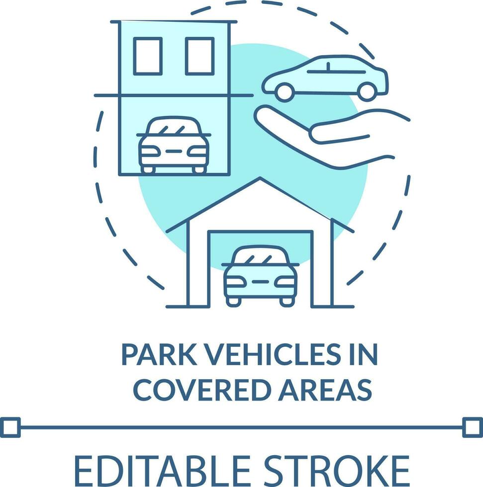 Park vehicles in covered areas turquoise concept icon. Hailstorm safety abstract idea thin line illustration. Arrangement. Isolated outline drawing. Editable stroke vector