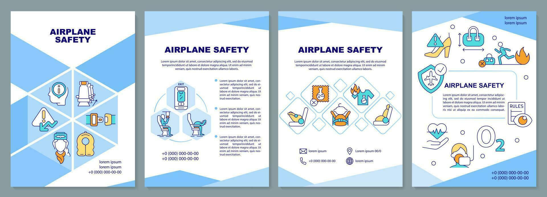Airplane safety blue brochure template. Emergency evacuation. Leaflet design with linear icons. Editable 4 vector layouts for presentation, annual reports
