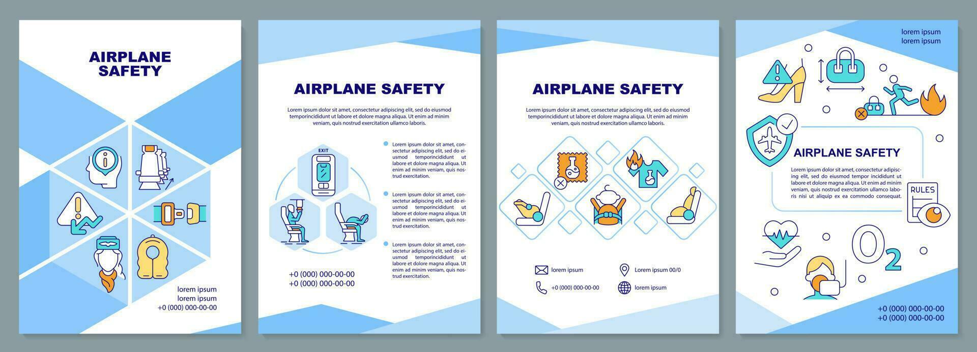 avión la seguridad azul folleto modelo. emergencia evacuación. folleto diseño con lineal iconos editable 4 4 vector diseños para presentación, anual informes