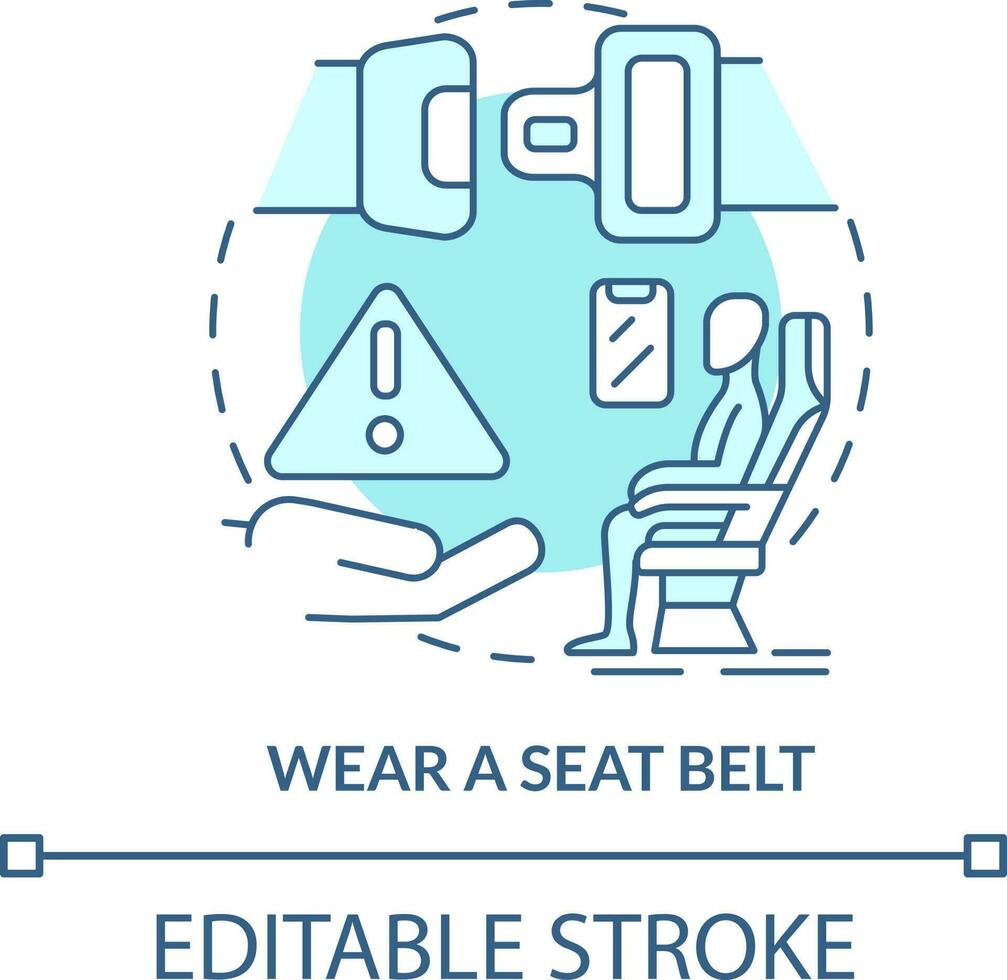 Wear seatbelt turquoise concept icon. Airplane passenger safety abstract idea thin line illustration. Shoulder harnesses. Isolated outline drawing. Editable stroke vector
