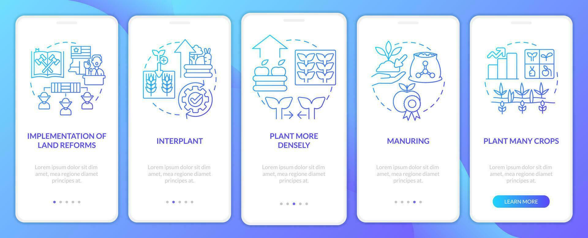 Increasing farming productivity blue gradient onboarding mobile app screen. Walkthrough 5 steps graphic instructions with linear concepts. UI, UX, GUI template vector