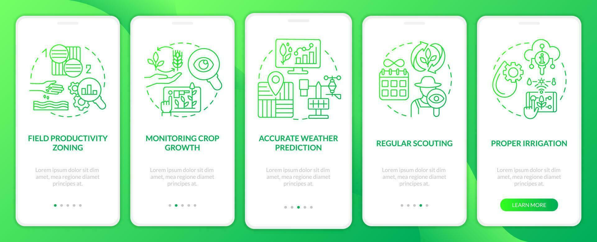 Increased crop yield factors green gradient onboarding mobile app screen. Walkthrough 5 steps graphic instructions with linear concepts. UI, UX, GUI template vector