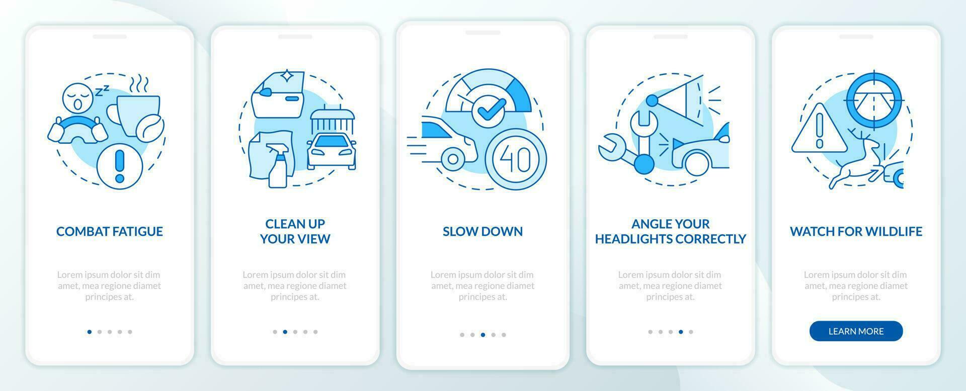 Driving safety at night blue onboarding mobile app screen. Walkthrough 5 steps editable graphic instructions with linear concepts. UI, UX, GUI template vector