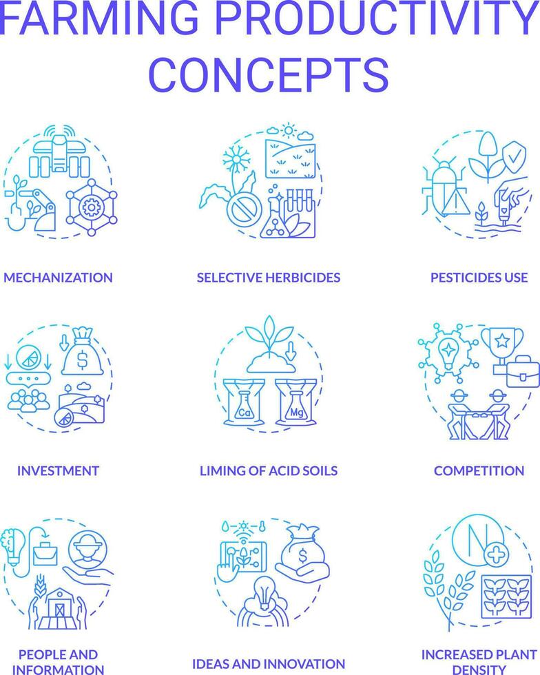 Farming productivity blue gradient concept icons set. Agribusiness. Planting and cultivation idea thin line color illustrations. Isolated symbols vector