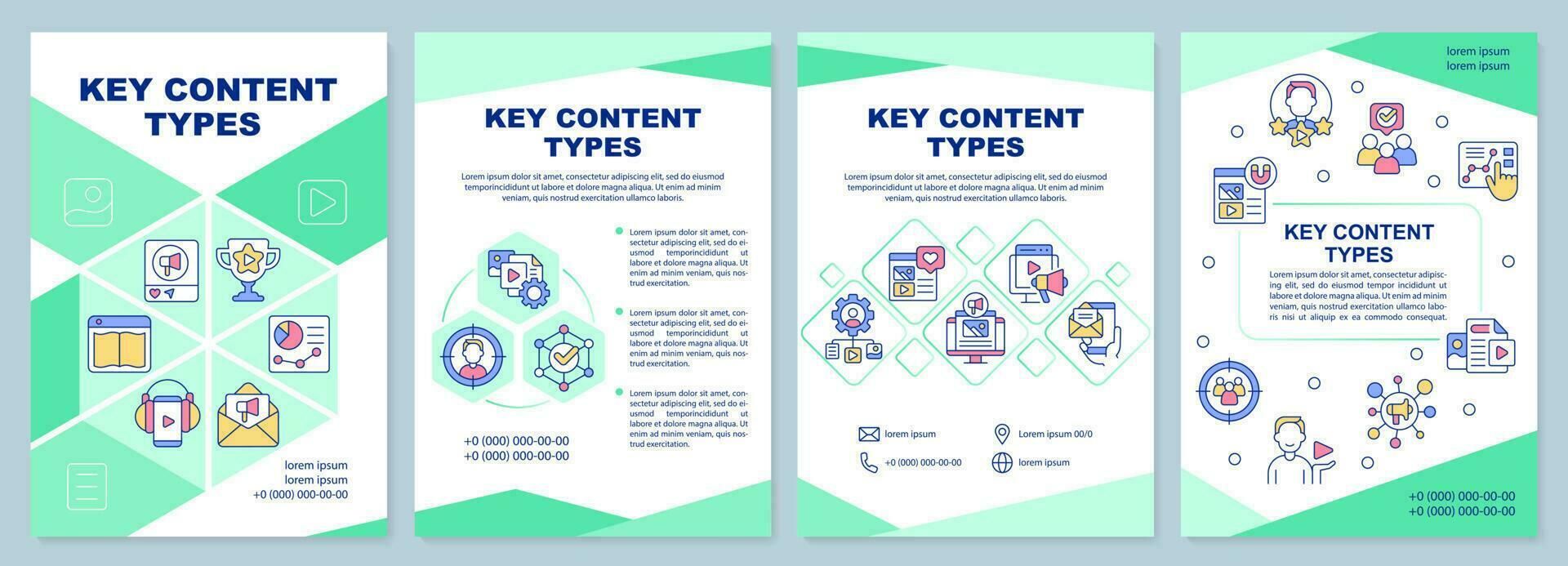 Key content types green brochure template. Brand promotion. Leaflet design with linear icons. Editable 4 vector layouts for presentation, annual reports