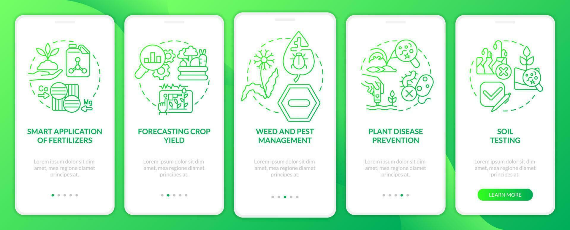 Increased crop yield green gradient onboarding mobile app screen. Agribusiness walkthrough 5 steps graphic instructions with linear concepts. UI, UX, GUI template vector