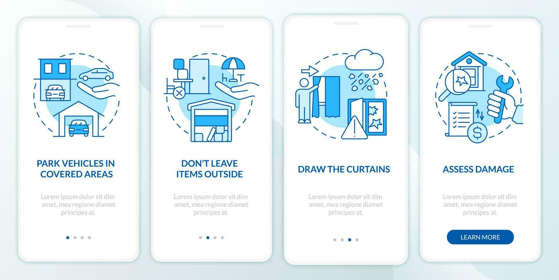 Prepare for hail storm blue onboarding mobile app screen. Walkthrough 4 steps editable graphic instructions with linear concepts. UI, UX, GUI template vector
