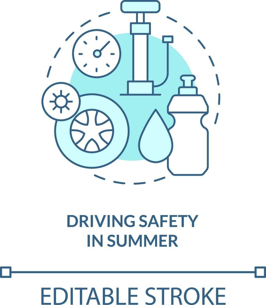 Driving safety in summer turquoise concept icon. Situational driving safety abstract idea thin line illustration. Isolated outline drawing. Editable stroke vector