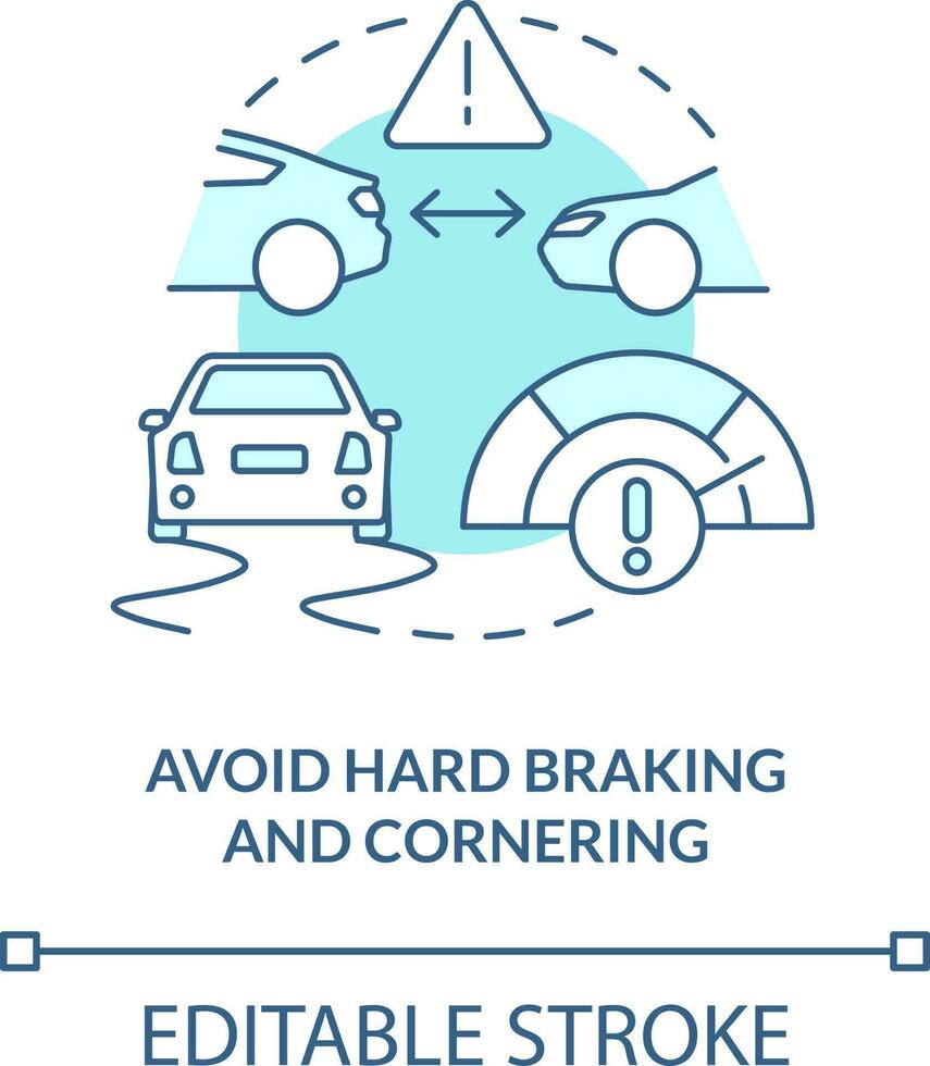 Avoid hard braking and cornering turquoise concept icon. Commercial drivers safety abstract idea thin line illustration. Isolated outline drawing. Editable stroke vector