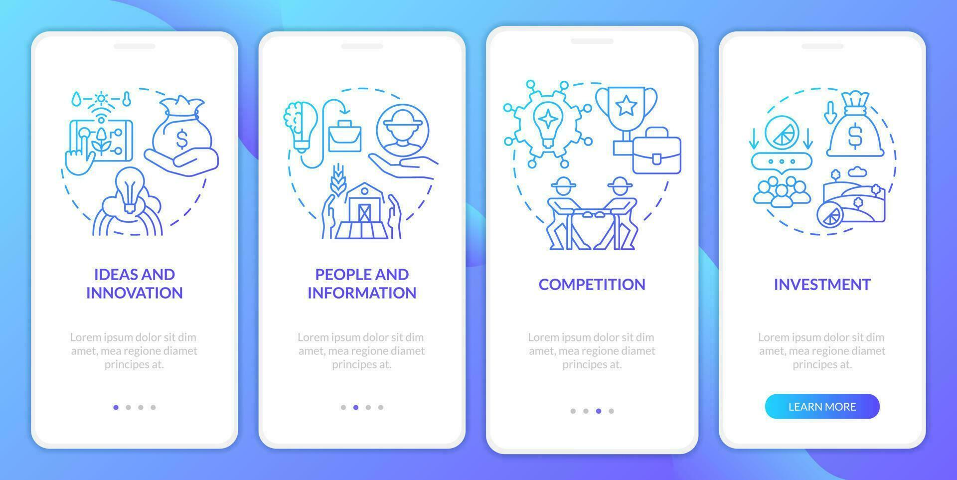 Wider farming business environment blue gradient onboarding mobile app screen. Walkthrough 4 steps graphic instructions with linear concepts. UI, UX, GUI template vector