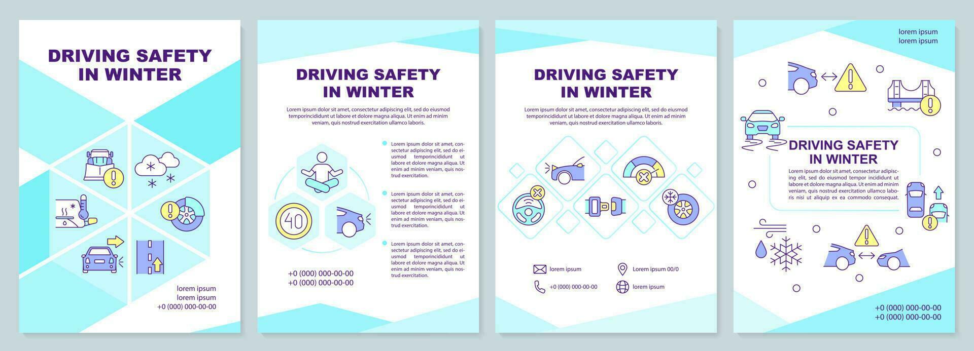 Driving safety in winter brochure template. Leaflet design with linear icons. Editable 4 vector layouts for presentation, annual reports