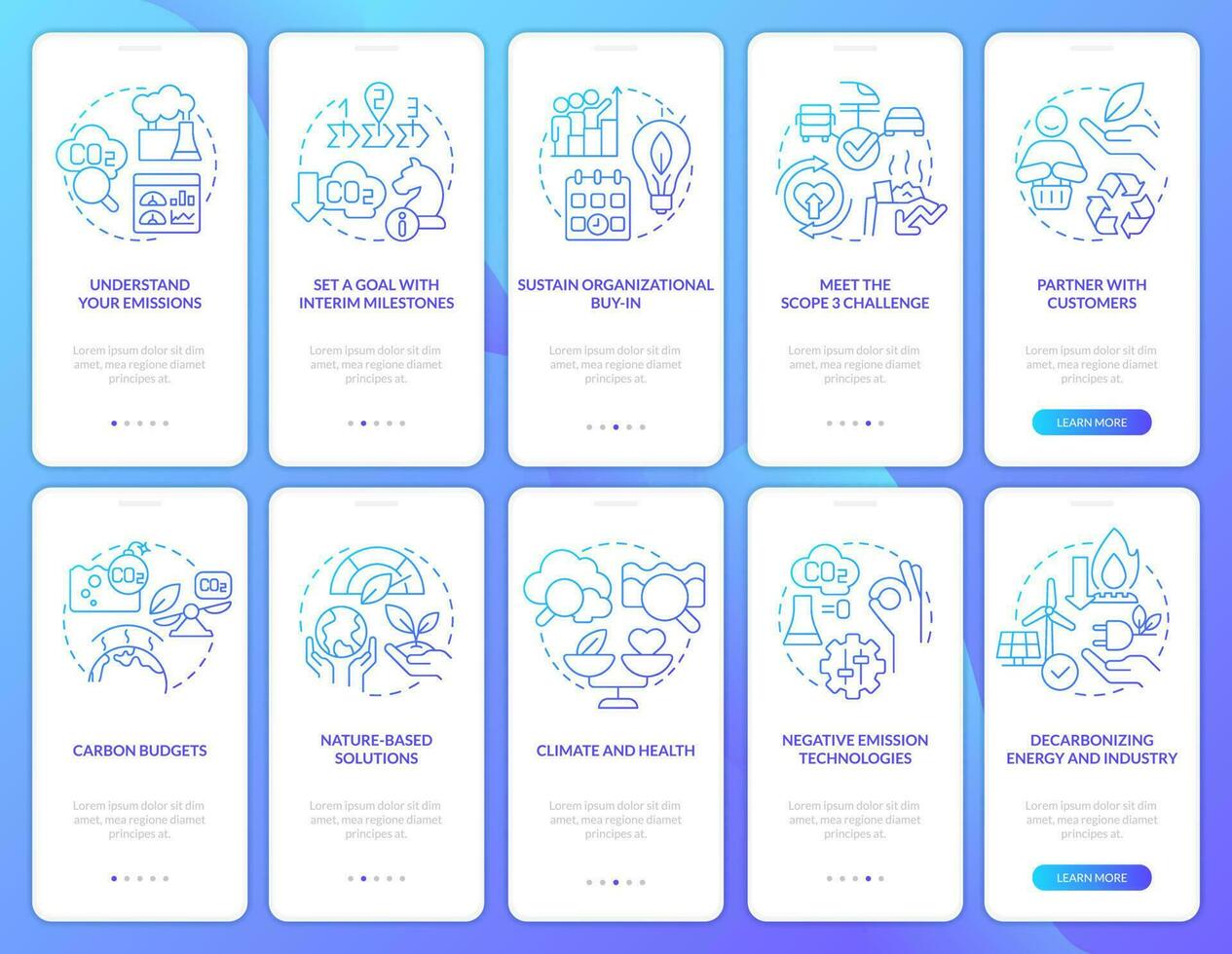 Transforming to net zero blue gradient onboarding mobile app screen. Pollution walkthrough 5 steps graphic instructions with linear concepts. UI, UX, GUI template vector