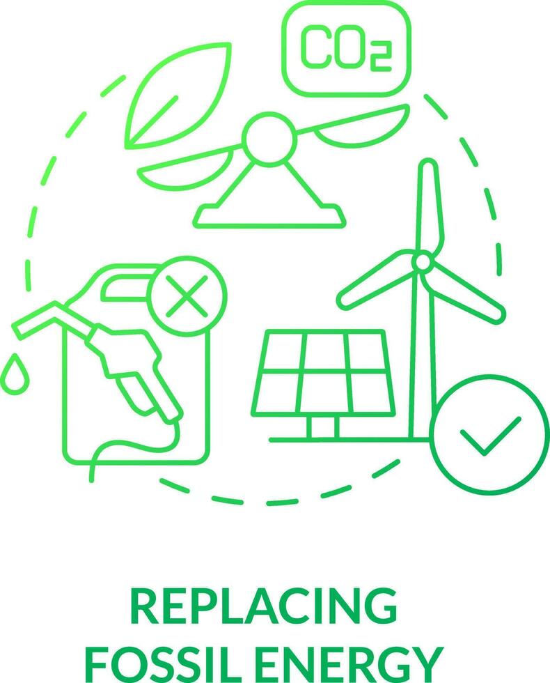 Replacing fossil energy green gradient concept icon. Reducing CO2 concentration. Net zero strategy abstract idea thin line illustration. Isolated outline drawing vector