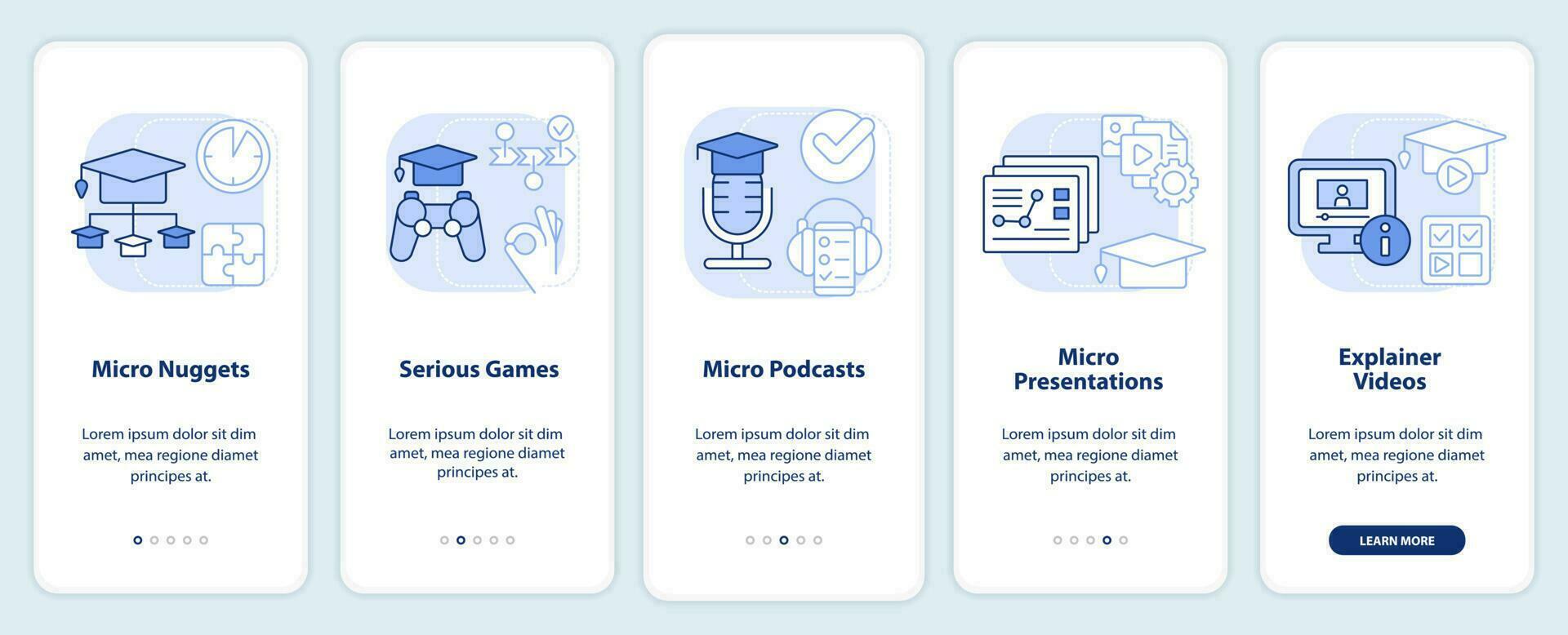 Delivering microlearning ways light blue onboarding mobile app screen. Walkthrough 5 steps editable graphic instructions with linear concepts. UI, UX, GUI template vector