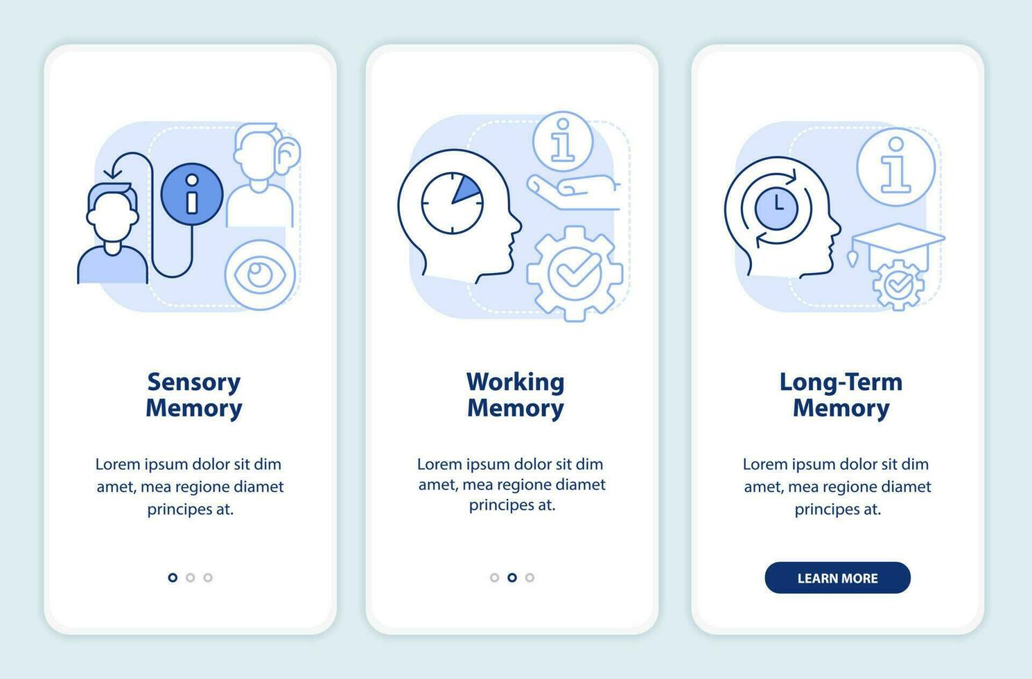 Microlearning process light blue onboarding mobile app screen. Walkthrough 3 steps editable graphic instructions with linear concepts. UI, UX, GUI template vector