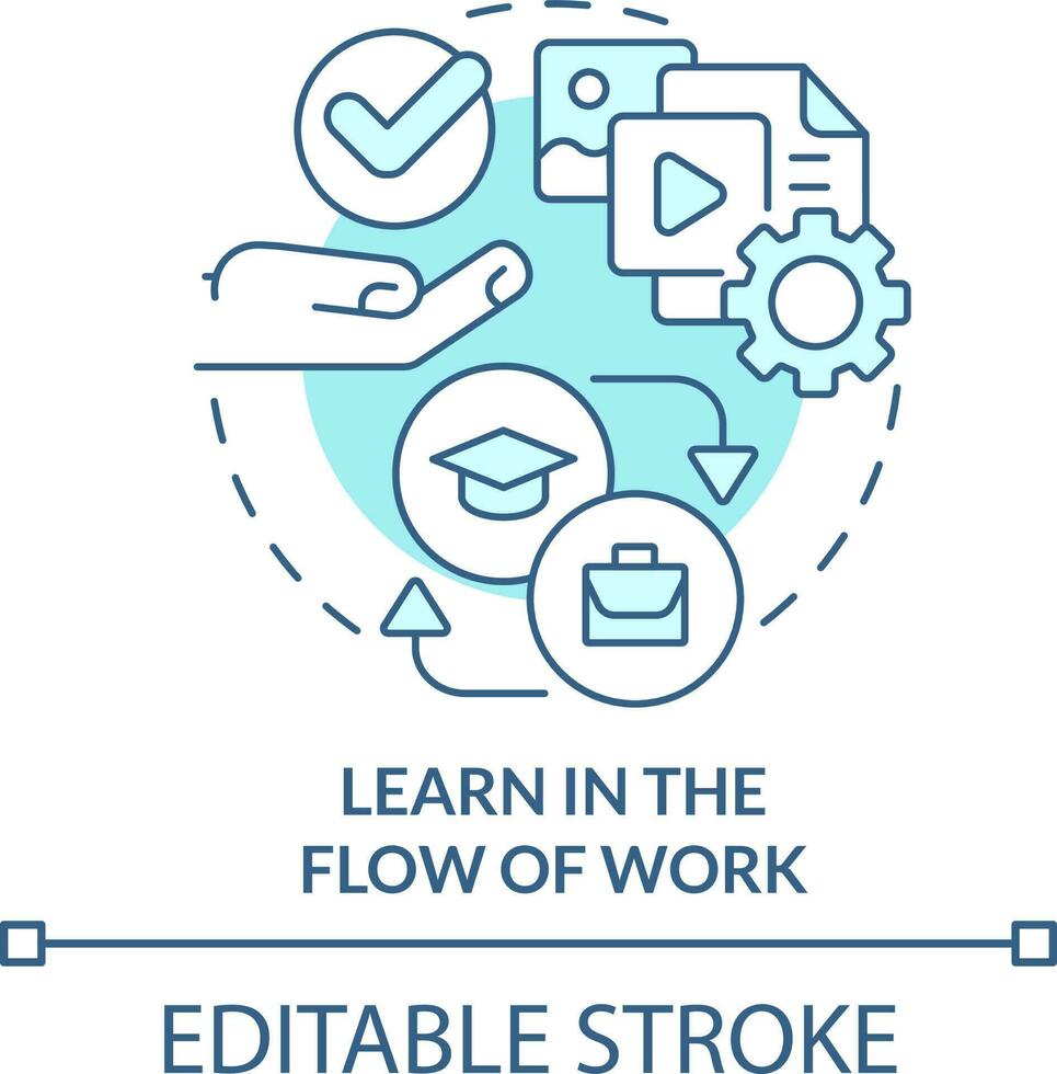 Learn in flow of work turquoise concept icon. Staff development. Key imperative abstract idea thin line illustration. Isolated outline drawing. Editable stroke vector