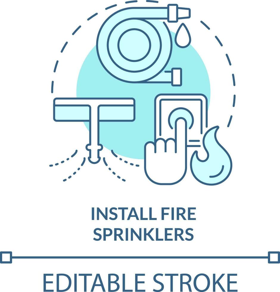 Install fire sprinklers turquoise concept icon. Wild fire safety abstract idea thin line illustration. Protection system. Isolated outline drawing. Editable stroke vector