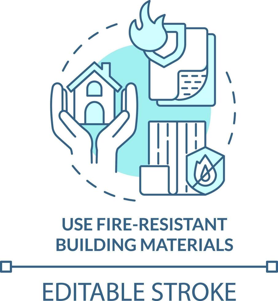 Use fire-resistant building materials turquoise concept icon. Surviving wildfire abstract idea thin line illustration. Isolated outline drawing. Editable stroke vector