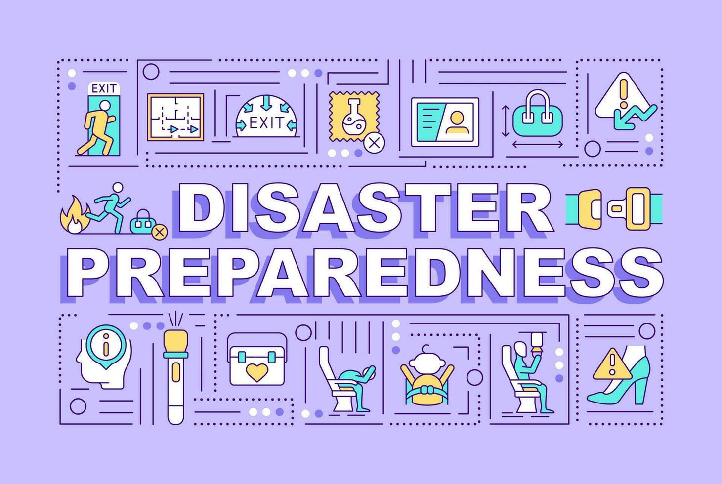 Disaster preparedness word concepts purple banner. Potential hazards. Infographics with editable icons on color background. Isolated typography. Vector illustration with text