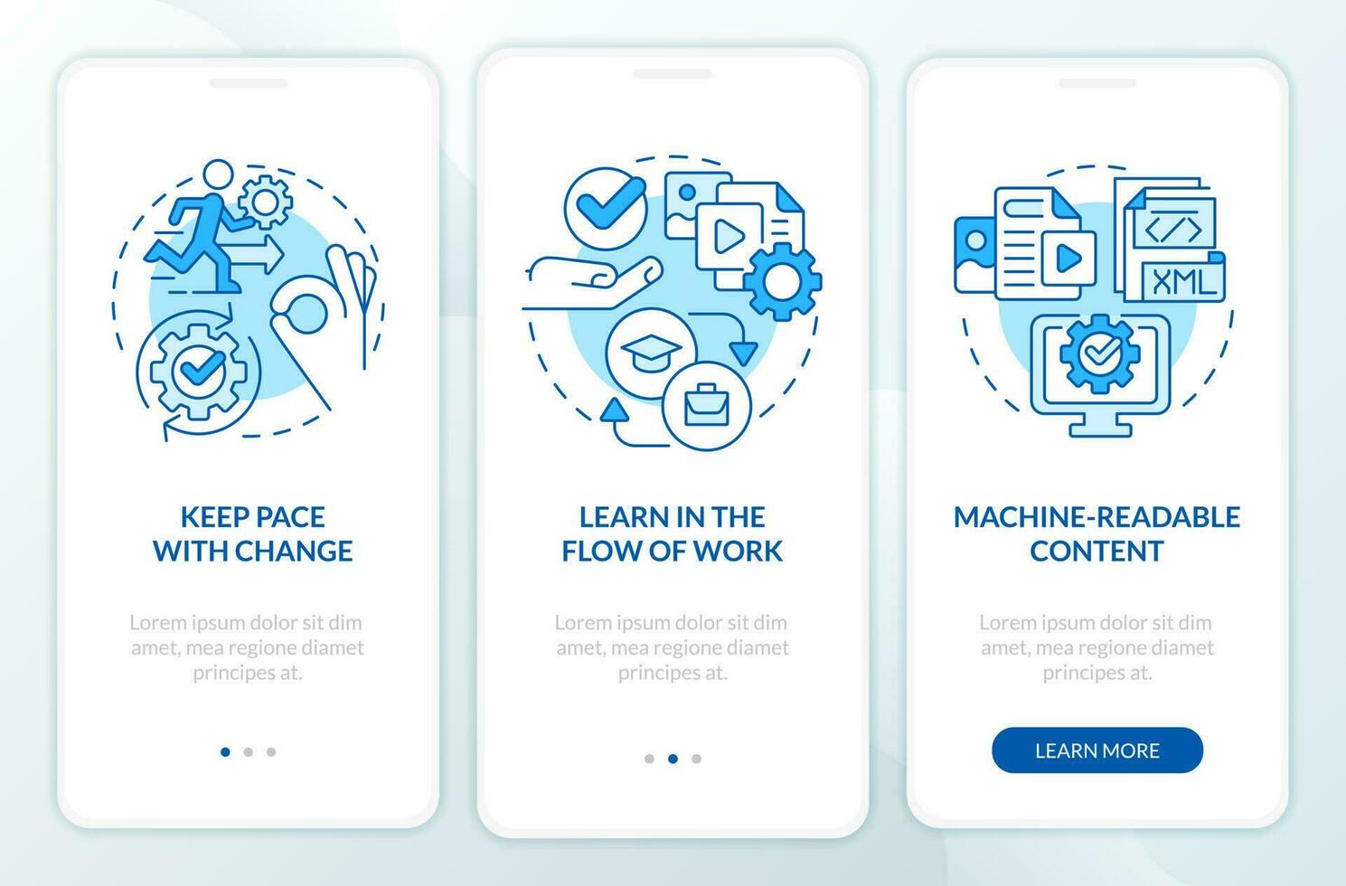 Key imperatives blue onboarding mobile app screen. Content design walkthrough 3 steps editable graphic instructions with linear concepts. UI, UX, GUI template vector