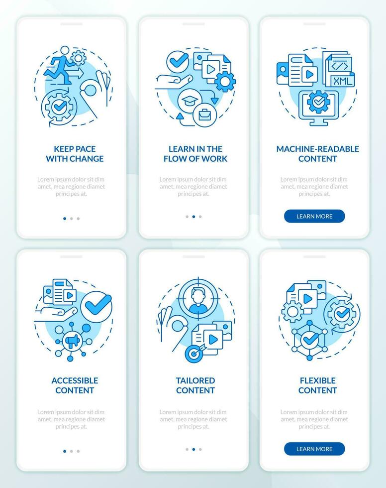 Content design blue onboarding mobile app screen set. E business walkthrough 3 steps editable graphic instructions with linear concepts. UI, UX, GUI template vector