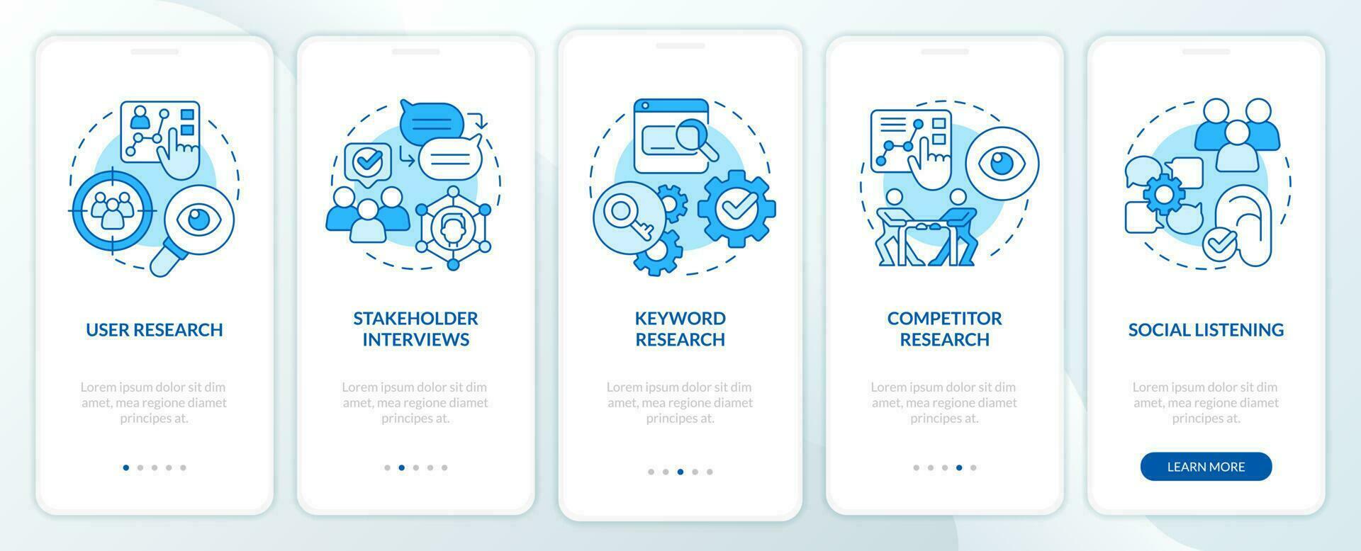 Research for content design blue onboarding mobile app screen. Data walkthrough 5 steps editable graphic instructions with linear concepts. UI, UX, GUI template vector