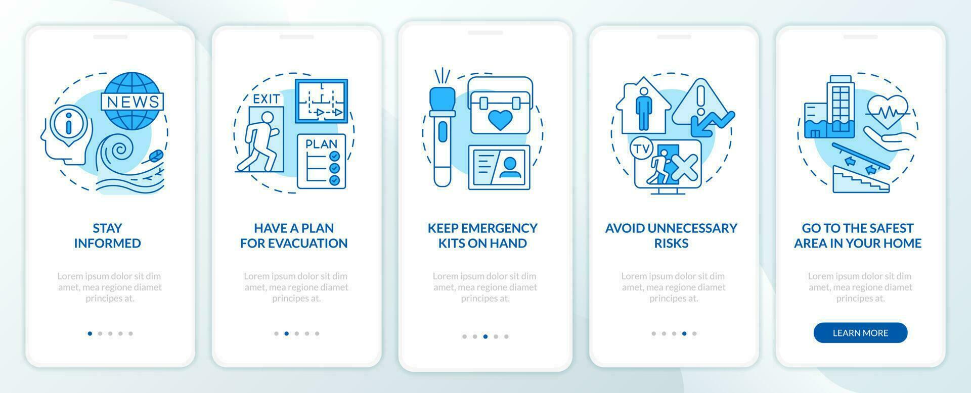 Disaster preparedness blue onboarding mobile app screen. Walkthrough 5 steps editable graphic instructions with linear concepts. UI, UX, GUI template vector