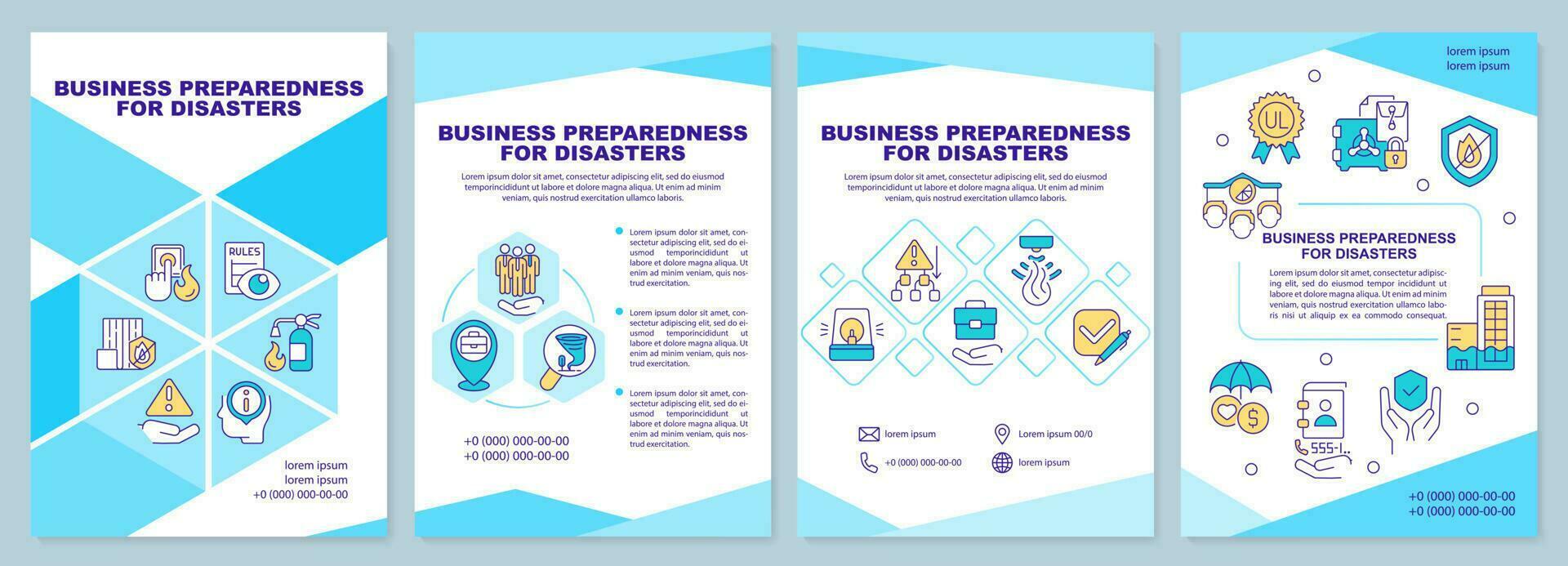 Business preparedness for disaster cyan brochure template. Leaflet design with linear icons. Editable 4 vector layouts for presentation, annual reports