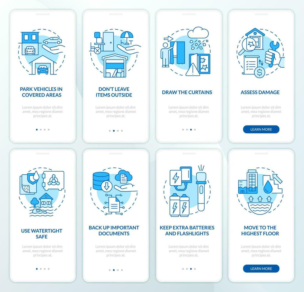 Prepare for flood and hailstorm blue onboarding mobile app screen set. Walkthrough 4 steps editable graphic instructions with linear concepts. UI, UX, GUI template vector