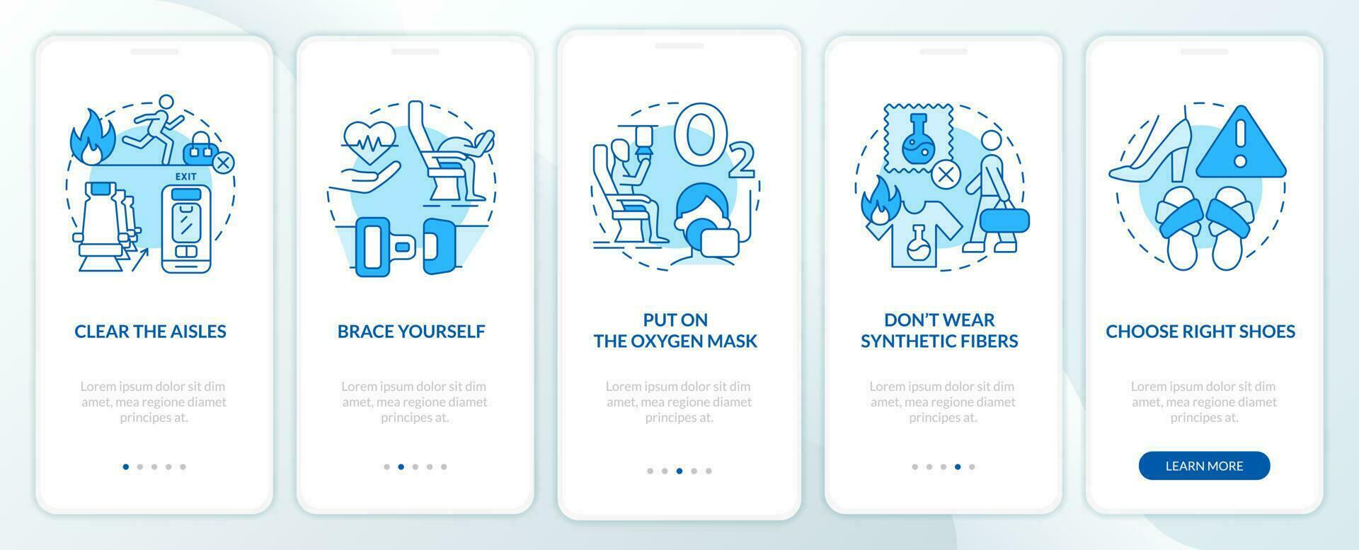 Surviving air accident blue onboarding mobile app screen. Walkthrough 5 steps editable graphic instructions with linear concepts. UI, UX, GUI template vector