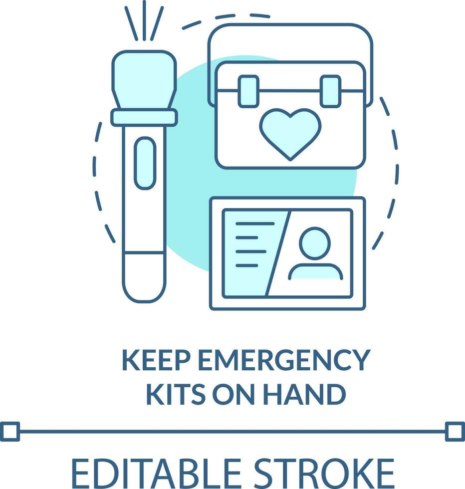 Keep emergency kits on hand turquoise concept icon. Disaster tip abstract  idea thin line illustration. First aid supplies. Isolated outline drawing.  Editable stroke 24052630 Vector Art at Vecteezy