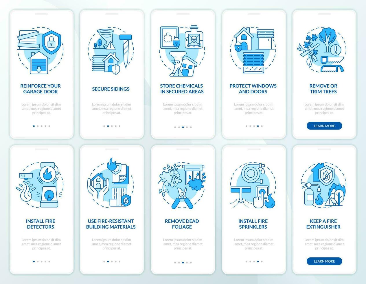 Disasters precautionary measures blue onboarding mobile app screen set. Walkthrough 5 steps editable graphic instruction with linear concepts. UI, UX, GUI template vector