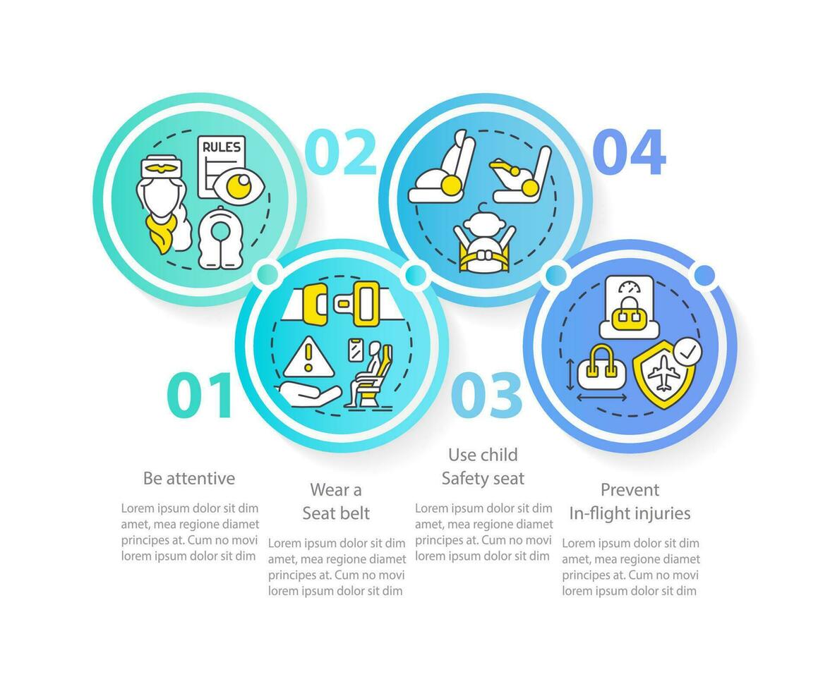 Airplane passenger safety circle infographic template. Wear seatbelt. Data visualization with 4 steps. Editable timeline info chart. Workflow layout with line icons vector
