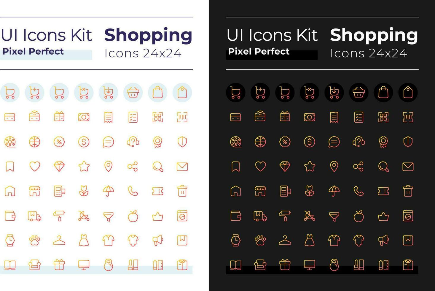 Shopping pixel perfect gradient linear ui icons set for dark, light mode. Digital commerce. Line contour user interface symbols. Modern style pictograms. Vector isolated outline illustrations